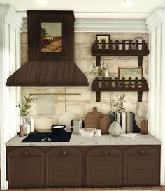 an image of a kitchen setting with shelves on the wall and counter tops in brown