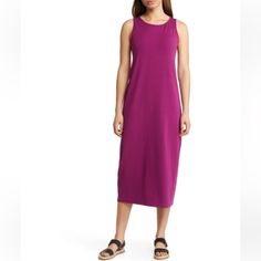 Nwt Eileen Fisher Sleeveless Scoop-Neck Jersey Midi Dress In Raspberry Eileen Fisher Jersey-Knit Midi Dress Approx. 49"L From Shoulders To Hem Scoop Neckline Sleeveless Hem Falls Below The Knee Shift Silhouette Slipover Style Tencel Lyocell/Elastane Machine Wash Cold Imported Style # S37ff-D5056m Scoop Neck Maxi Dress For Spring, Scoop Neck Summer Maxi Dress, Summer Scoop Neck Maxi Dress, Summer Maxi Dress With Scoop Neck, Purple Sleeveless Dress For Beach, Purple Sleeveless Dress For The Beach, Casual Sleeveless Scoop Neck Dress For Spring, Unlined Sleeveless Dress For Daywear, Casual Unlined Sleeveless Dress For Daywear