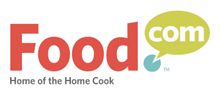 the logo for food com is shown in red and green, with a speech bubble above it