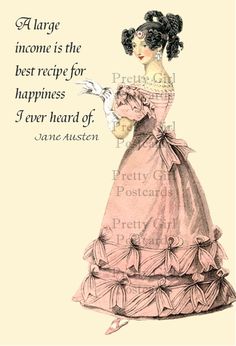 an illustration of a woman in a pink dress with a quote from jane austen