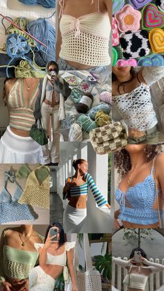 crocheted clothing and accessories are displayed in this collage with images of women