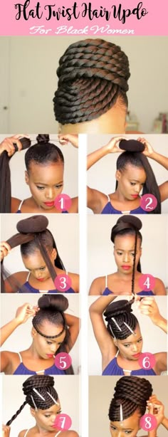 Flat twist how to tutorial for natural hair and as protective style for transitioning hair and growing hair for black women using xpression braiding hair, to see full tutorial click here. Transitioning Hair, Twist Updo, Flat Twist Updo, Natural Hairstyles For Black Women, Twisted Hair, Transitioning Hairstyles, Growing Hair