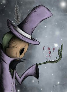 a cartoon character holding a crystal ball in his hand and wearing a purple hat with feathers on it