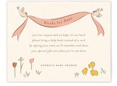 a baby shower card with an image of two ducks and a ribbon that says books for baby