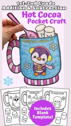 a penguin in a mug with the words hot cocoa pocket craft on it, and two pictures