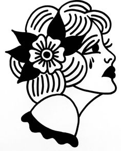 a black and white drawing of a woman with flowers in her hair