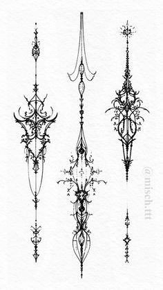 four different types of chandeliers are shown in black ink on white paper, each with