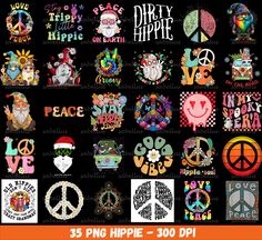 various peace signs and symbols are shown in this graphic art file, with the words happy hippie on it