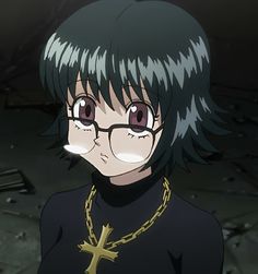 an anime character with glasses and a cross on his neck is staring at the camera