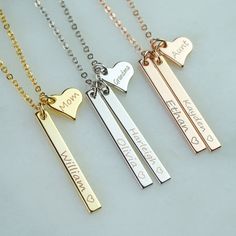 "Personalized bar necklace, Custom name bar necklace, Personalized family necklace A hand stamped bar necklace would make a perfect gift for yourself or your loved ones. This beautiful necklace is the perfect layering necklace or beautiful on its own. ITEM SPECIFICATION: Chain Length: 17\" + 1\" extender Bar Size: 33 mm x 3.5 mm Material: Gold Plated, Silver Plated, Rose Gold Plated HOW TO ORDER: 1 Select options from the drop down menu 2 Add to cart and proceed to checkout 3 Submit your persona Grandma Necklace, Mom Ring, Bar Necklace Personalized, Family Necklace, Jewelry Quotes, Kids Names, Family Jewellery, Mothers Necklace, Mom And Grandma