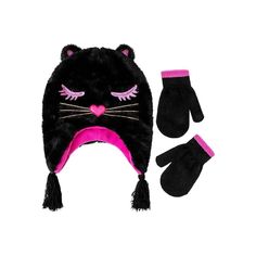 Keep your little one cozy and cute with the Addie & Tate Winter Hat and Mittens Set, designed specifically for toddlers aged 2-4. This charming set features a playful cat design on a versatile black background, perfect for both boys and girls.

- Material: Durable acrylic knit exterior with a soft micro-fleece lining
- Age Group: Toddler (2-4 years)
- Gender: Female
- Product Type: Hat and mittens set

Ideal for chilly days, this set not only keeps your child warm but also adds a fun touch to th Pink Novelty Winter Hats, Black Novelty Beanie For Winter, Playful Black Warm Hats, Cute Black Winter Hat, Playful Black Winter Hats, Toddler Winter Hat, Toddler Gloves, Black Mittens, Toddler Mittens