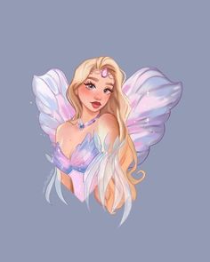 a girl with blonde hair and blue eyes is wearing a pink dress, white wings