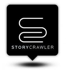 the storycrawler logo on a black and white square with an arrow pointing to it