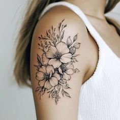 Brilliant Upper Arm Tattoos For Women Tattoo Flash Flower Half Sleeves For Women, Womens Arm Sleeve Tattoo, Outdoors Tattoos For Women, Upper Arm Tattoos For Women, Half Sleeve Flower Tattoo, Flower Wrist Tattoo, Upper Arm Tattoo, Flower Tattoo Ideas, Flower Wrist Tattoos