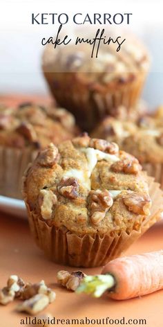 carrots and muffins on a plate with the words keto carrot cake muffins