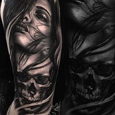 a couple of tattoos on their arms with skulls in the foreground and two women's faces behind them