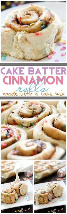 cake batter cinnamon buns with frosting and sprinkles