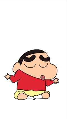 a cartoon character sitting on the ground with his eyes closed and one hand up in the air