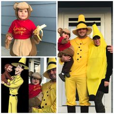 people dressed up in costumes for halloween and one is holding a baby while the other holds a banana