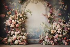 an image of flowers on the wall in front of a window with a painting behind it