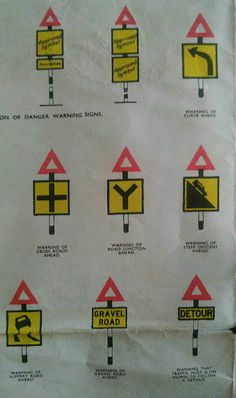 various road signs are shown on a white sheet with red and yellow arrows pointing in different directions