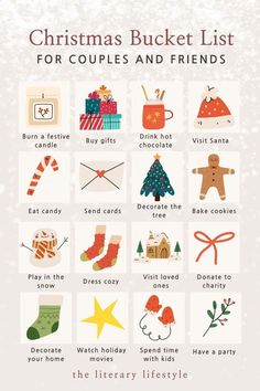 the christmas bucket list for couples and friends is shown in this graphic style, which includes pictures