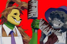 two cartoon characters are dressed as zombies and one is holding a large knife in his hand