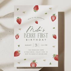 a birthday party card with strawberries on it