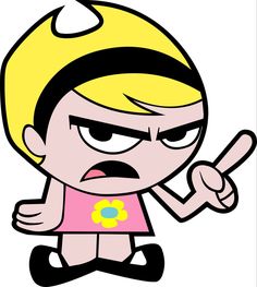 an angry cartoon girl pointing to the left with her finger in one hand and looking at something