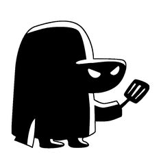 a black and white drawing of a dog holding a spatula