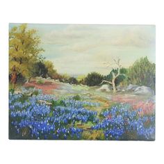 an oil painting of bluebonnets and trees on a hill with clouds in the background