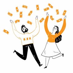 a man and woman are jumping in the air with money coming out of their hands