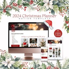 the christmas planner is displayed on a computer, phone and tablet screen with holly wreaths around it