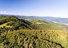 an aerial view of the mountains and trees in the foreground, with blue skies above