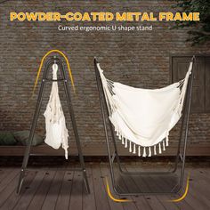 a white hammock hanging in front of a brick wall with the words powder coated metal frame curved ergonomic u - shape stand