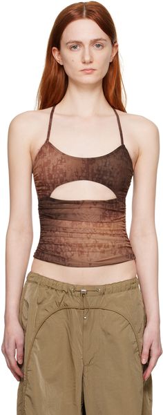 Semi-sheer stretch nylon mesh camisole. Printed graphic pattern and ruching throughout. · Scoop neck · Cutout at front and back · Adjustable criss-crossing spaghetti shoulder straps · Logo hardware and flip-clasp fastening at back · Concealed zip closure at back · Full mesh lining Supplier color: Brown Summer Stretch Mesh Top With Built-in Bra, Summer Nylon Camisole With Built-in Bra, Nylon Cami Top With Built-in Bra, Summer Mesh Top With Built-in Bra, Sheer Fitted Mesh Tank Top, Fitted Sheer Mesh Tank Top, Fitted Mesh Camisole Tops, Fitted Mesh Tank Top With Built-in Bra, Spring Mesh Fitted Tank Top