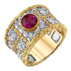 This spectacular ruby and diamond band has all the hallmarks of a timeless piece of heirloom jewelry. Made in Italy of 18k yellow and white gold, this ring features a superfine Burmese color ruby weighing 1.68 carats, set in a beautifully detailed 18k yellow gold bezel. The ruby has intense color and exceptional brilliance, which is highlighted by the intricate, masterful gold craftsmanship and the striking combination of brilliantly engraved white and yellow gold. This ring has a wide band and Retro Wedding Rings, Burmese Ruby, Heirloom Jewelry, Heirlooms Jewelry, Gold Band Ring, Wide Band Rings, Eternity Ring Diamond, Ruby Diamond, Diamond Band