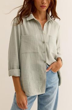 Meet the dressier side of gauze. This button up gauze top can be worn day to night, and features a relaxed fit with front pockets.    Relaxed Fit    Double Gauze: 100% Cotton    Hand Wash Cold, Hang To Dry Gauze Blouse, Ron Jon, Gauze Top, Double Gauze, Day To Night, To Night, Cute Sweaters, Amazing Women, Button Up