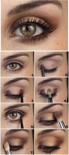 1. Brown And Gold Soft Eye Makeup Tutorial Doe Eyes Make Up, Nude Smokey Eye, Eye Makeup Glitter, Brown Eye Makeup Tutorial, Makeup History, Lip Tips, Mekap Mata, Hazel Eye Makeup