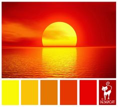 the sun is setting over the ocean with red and yellow colors