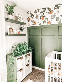 a baby's room with green walls and shelves filled with potted plants on the wall