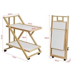 two wooden folding tables with white canvass on them, one standing up and the other sitting down