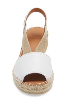 This open-toe, espadrille-inspired sandal with a colorfully printed upper, jute-wrapped wedge sole and handcrafted detail is the epitome of sunny style. 2 1/2" heel; 3/4" platform (size 39) Leather upper/synthetic and textile lining/synthetic sole Made in Spain Women's Shoes Espadrille Sandals, White Leather, Women's Shoes, Sunnies, Open Toe, Womens Sandals, Espadrilles, Leather Upper, Spain