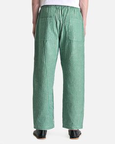 Craig Green Hand-Frayed Stripe Trouser in Green/Cream. These trousers feature an allover frayed-stripe motif, elasticated waist and 4-pocket styling. Button Pants, Craig Green, Denim Hat, Green Hand, Linen Trousers, Green Cream, Engineered Garments, Sweater And Shorts, Mens Trousers