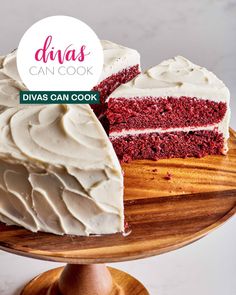 a red velvet cake with white frosting is on a wooden platter and has the words diyas can cook above it