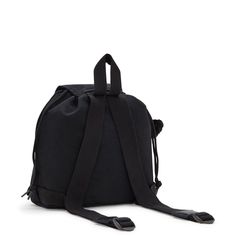 a black backpack with straps on the front and back side, sitting against a white background