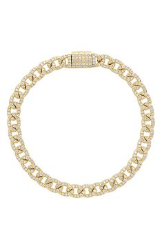 A shimmering array of 320 round diamonds floods the curb links of this stunning chain bracelet crafted from radiant 18-karat gold. 7" length; 1/4" width Total diamond weight: 2.57ct. Color: G Clarity: VS 18k gold/diamond Imported >Diamond Guide Yellow Gold Diamond Cuban Link Bracelets, Fine Jewelry Diamond Link Jubilee Bracelet, Fine Jewelry Diamond Jubilee Link Bracelet, Diamond Link Bracelet With Jubilee Design, Fine Jewelry Jubilee Chain Link Bracelet, Luxury Curb Chain Bracelet, Yellow Gold Cuban Link Diamond Bracelet, Luxury Diamond Curb Chain Bracelets, Fine Jewelry Diamond Tennis Bracelet With Solid Link