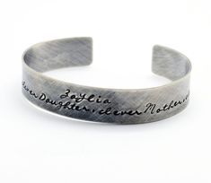 "Oxidized Sterling Silver Personalized 1/2 in wide Cuff Bracelet, Double Sided, Gift for Man, Anniversary, Father's Day Hidden Message, Wedding, Keepsake This beautiful cuff with rustic finish makes a perfect gift for both men and women. It is hand stamped with the text of your choice - I can be names, phrase, song lyrics. It can be stamped on the inside or outside of the bracelet up to 60 characters on either side. If you need a longer quote please contact me for pricing. Pictured cuff has a ox Mom Wedding Gift, Custom Jewelry Box, Medic Alert Bracelets, Medical Bracelet, Wide Cuff Bracelets, Christmas Material, Valentines Gifts For Him, Wide Cuff, Day Wedding