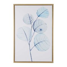 a blue and white leaf print hanging on a wall next to a wooden framed object