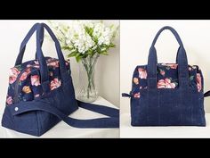 two pictures of the same handbag, one with flowers on it and another with blue fabric